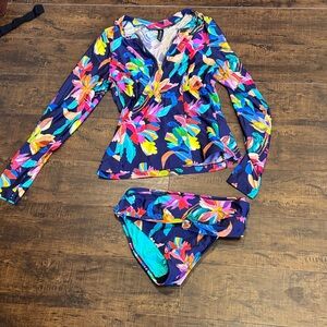 Women’s Navy Floral Long-Sleeve Swim Set